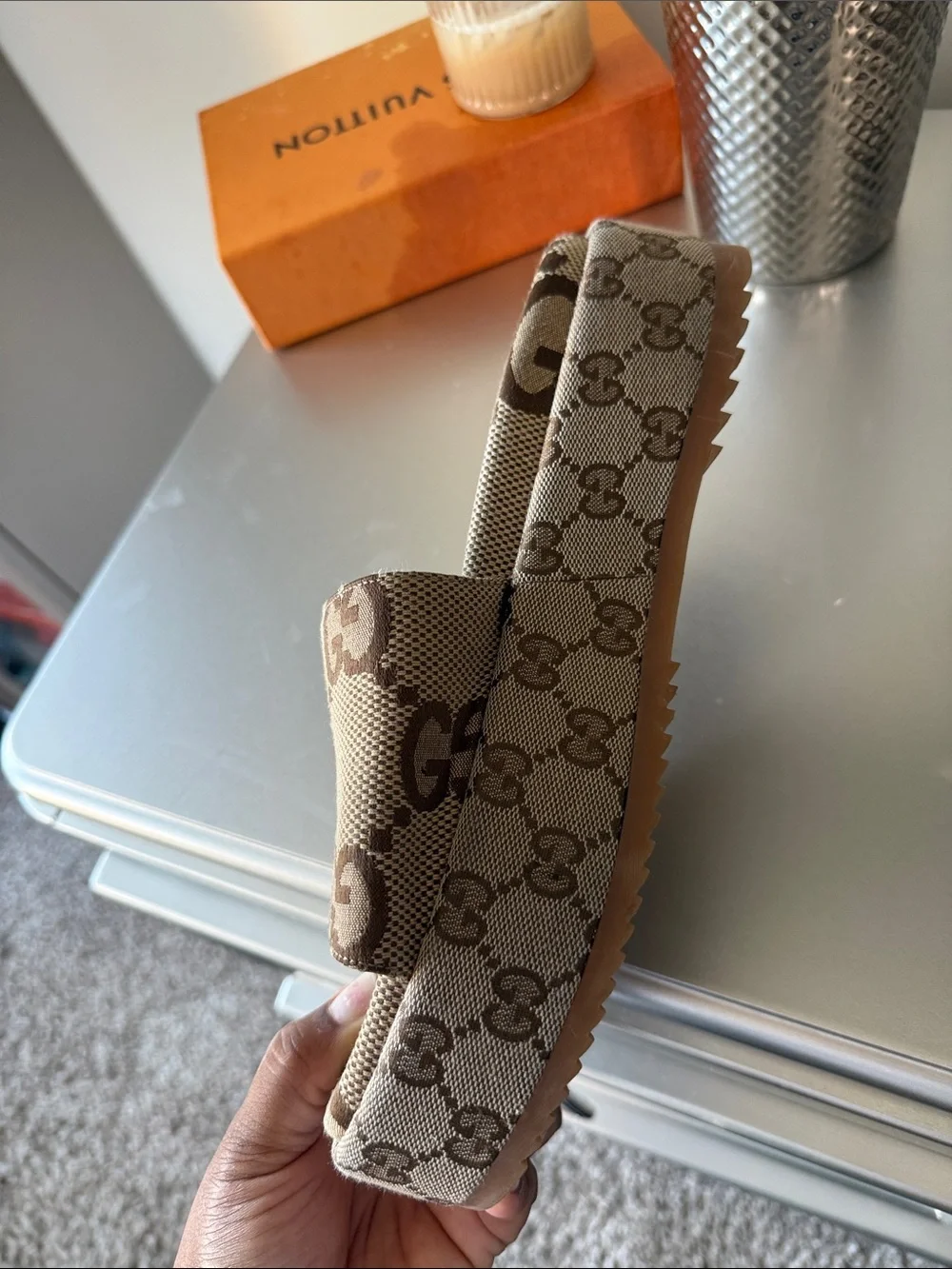 Gucci Brown and Beige GG Canvas Platform Slides